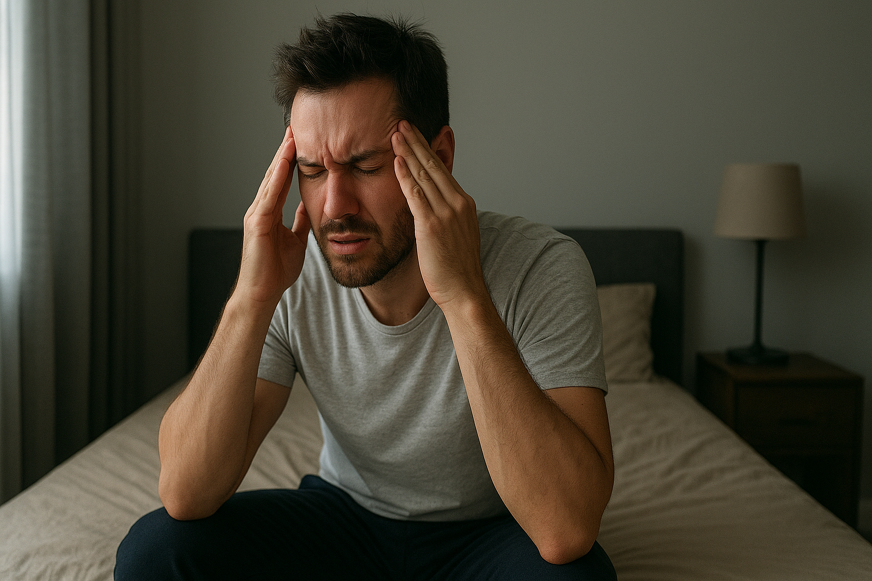 Eine junge Person sitzt an einem Schreibtisch und reibt sich schmerzhaft die Schläfen, wirkt müde und erschöpft.